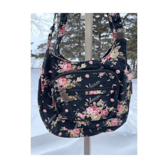 90s Grunge Floral Hobo Bag Canvas Lined Pockets - Picture 1 of 5